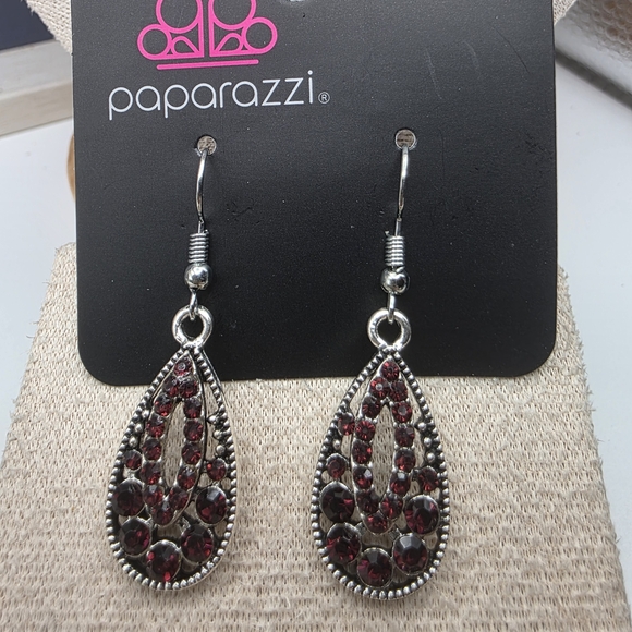 Paparazzi Silver and Deep Red Teardrop Earrings (797) - Picture 2 of 3